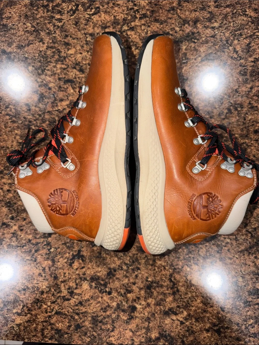 Timberland Men's Cognac Leather Waterproof Boots with Orange Tongue Size 10 -GUC